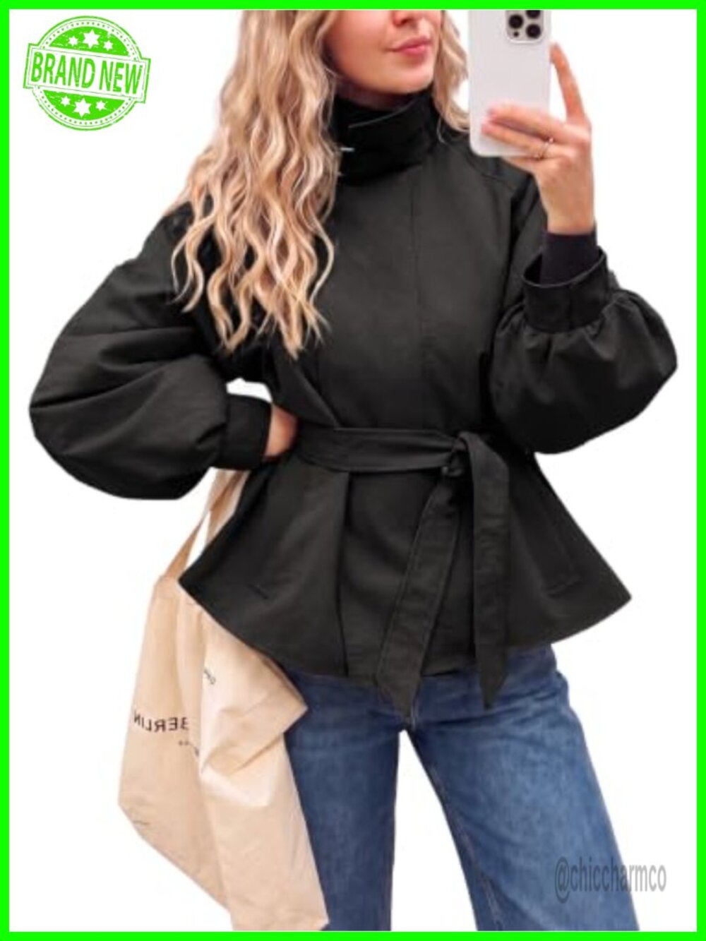 Womens Cropped Trench Coat Lightweight Short Jacket Oversized Lantern Sleeve